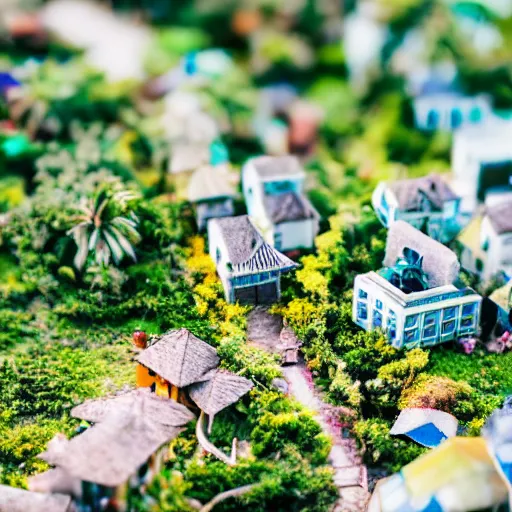 Prompt: macro photo of a miniature secret hidden world with tiny buildings and people inside of a coconut