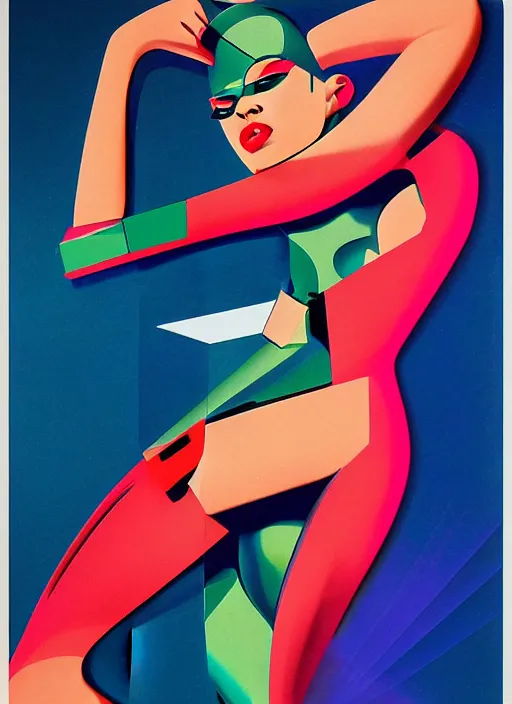 Image similar to futuristic laser girl pinup, by steven meisel, james jean and rolf armstrong, geometric cubist acrylic and airbrush painting with retro and neon colors