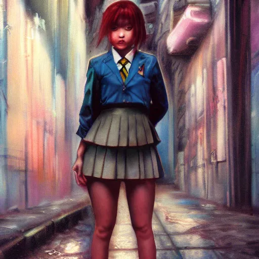 Prompt: a perfect, realistic professional 80s oil painting of a Japanese schoolgirl posing in a dystopian alleyway, style of Marvel, full length, by a professional American senior artist on ArtStation, a high-quality hollywood-style concept