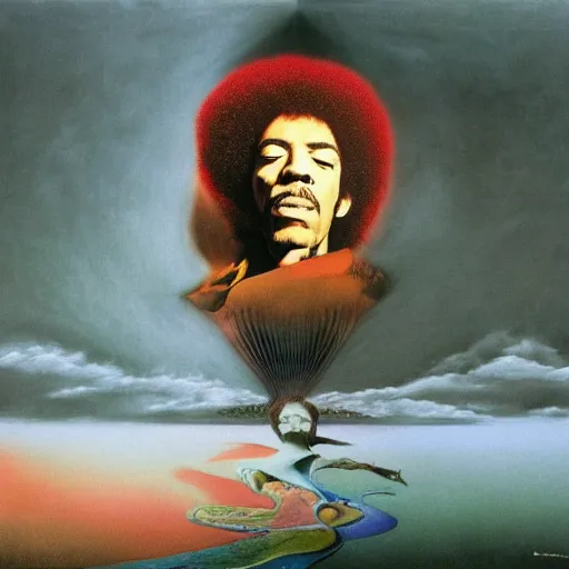 Image similar to ultrawide angle colour masterpiece surreal portrait photography of jimi hendrix playing on stage by miho hirano and annie leibovitz, weird surreal epic psychedelic complex biomorphic 3 d fractal landscape in background by salvador dali and beksinski, 8 k