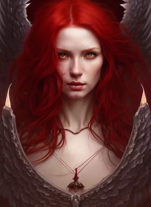 Prompt: a beautiful red haired woman as the angel of death, deep focus, d & d, fantasy, intricate, elegant, highly detailed, digital painting, artstation, concept art, matte, sharp focus, illustration, hearthstone, art by artgerm and greg rutkowski and alphonse mucha