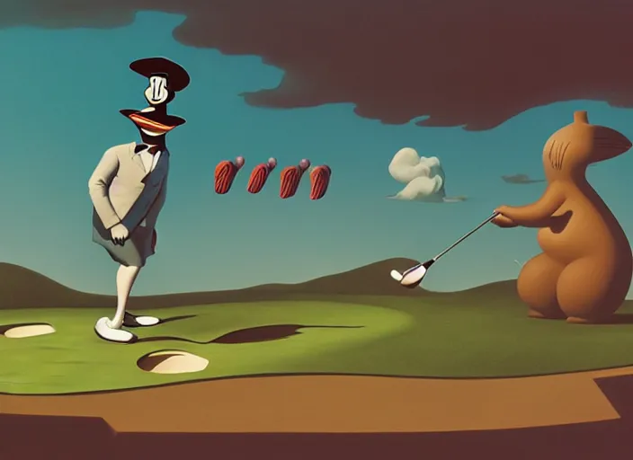 Image similar to matte sharp painting, surrealist, a walrus playing golf, juxtapoz, artforum, gary baseman, preston blair, tex avery, dan mumford, pedro correa