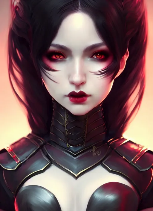 Image similar to full plate armor!!! beautiful and elegant dark hair female vampire!! gorgeous ayes!! character concept art, sharp focus, octane render! unreal engine 5! highly rendered!! trending on artstation!! detailed linework!! illustration by artgerm, wlop, and chie yoshii