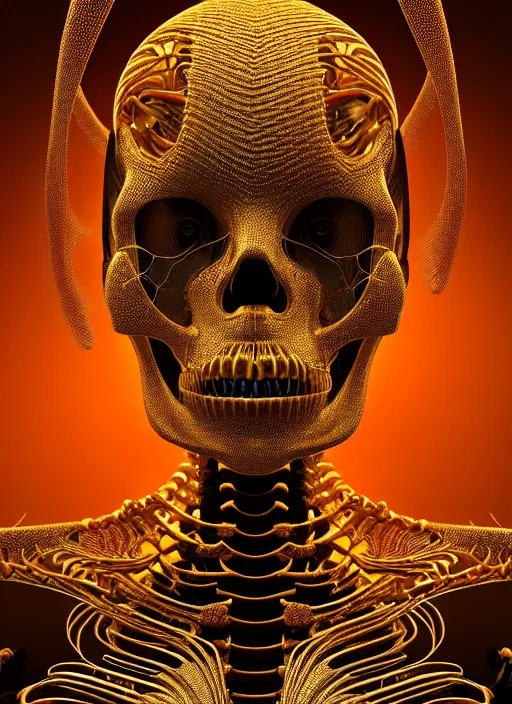 Prompt: portrait of an absurdly ugly, ungraceful, unsophisticated, unfashionable futuristic female golden skeleton with sections of skin showing, glowing internal light, hyperdetailed illustration by irakli nadar and alexandre ferra, intricate linework, faberge, intricate gold linework, dark atmosphere, unreal engine 5 highly rendered, global illumination, radiant light, detailed and intricate environment