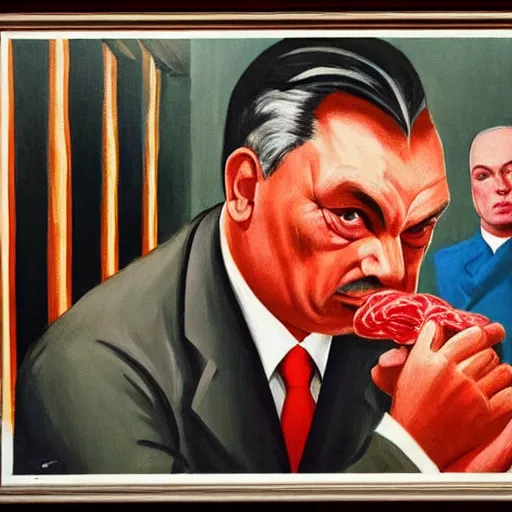 Image similar to highly detailed propaganda poster portrait of the leader of fascist hungary, viktor orban participating in a traditional pig slaughter, painted by edward hopper