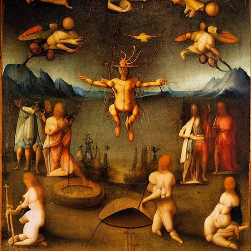 Prompt: a ritual for endless electricity and creativity as imagined by leonardo da vinci and reinterpreted by bosch, oil painting