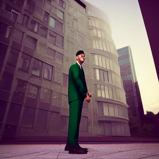 Prompt: a man with an elegant green suit, photography, 3 d render, at night, buildings, dinosaur, water