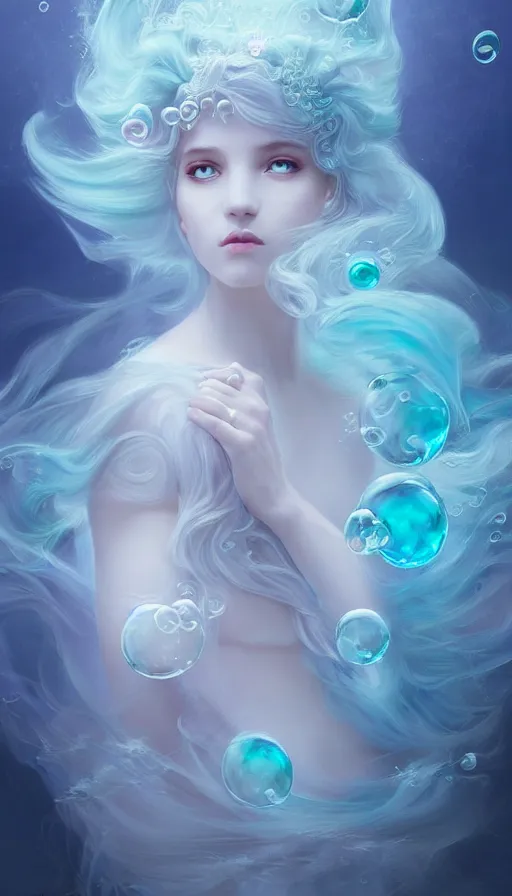 Prompt: portrait of magical ghost triton, ethereal , cloudy, transparant, gradient white cyan, dreamy and ethereal, (colour) eyes, peaceful expression, ornate frilly dress, fantasy, intricate, elegant, rainbow bubbles, highly detailed, digital painting, artstation, concept art, smooth,b sharp focus, illustration, art by artgerm and greg rutkowski and alphonse mucha