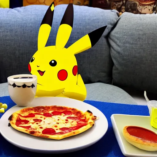 Prompt: Pikachu having tea with pizza.