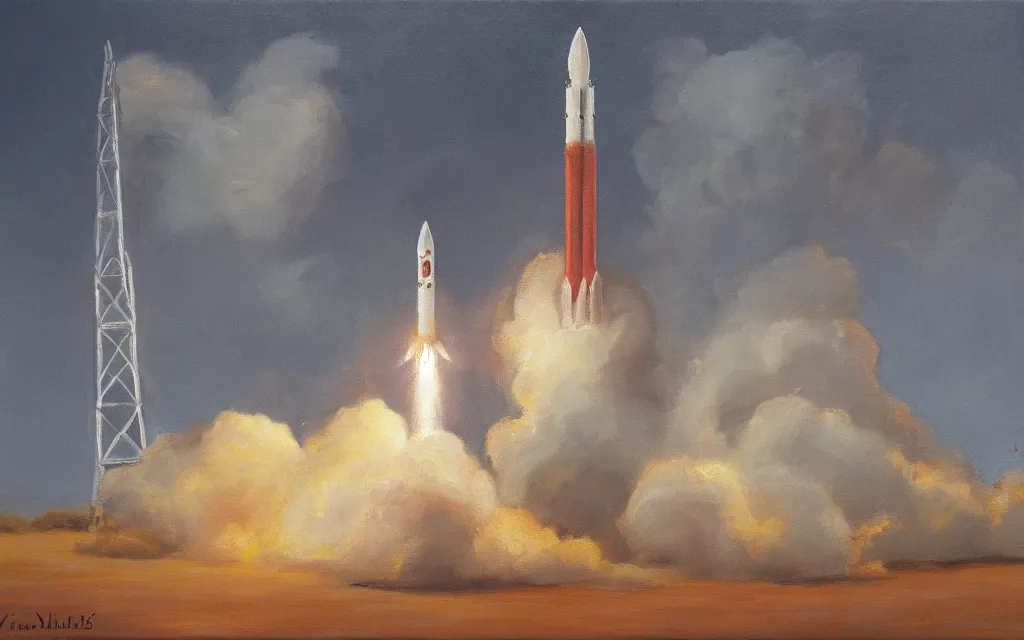 Image similar to a painting of a rocket, by vilhelms purvitis, oil on canvas