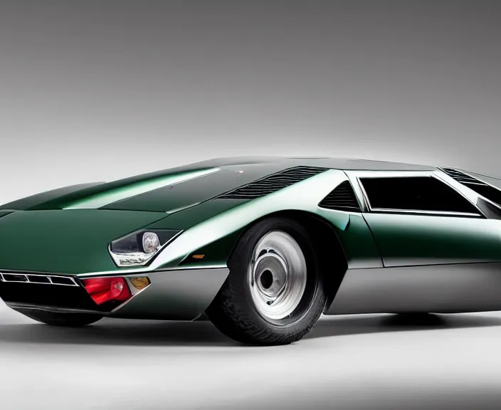 Image similar to a blending, amalgamation and detailed combination of a lamborghini countach and a jaguar e - type, concept photo, very round headlights, long front end, 8 k, highly detailed, dramatic lighting