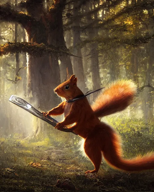 Image similar to oil painting of Anthropomorphized Squirrel attacking, wearing armor, wearing war paint, sharp focus, fantasy style, octane render, volumetric lighting, 8k high definition, by greg rutkowski, highly detailed, trending on art Station, magic the gathering artwork, magical forest backround, centered