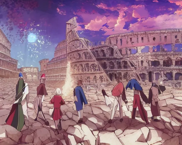 Image similar to cell shaded anime key visual of wizards in a colosseum with a crowd in the style of studio ghibli, moebius, ayami kojima, makoto shinkai, dramatic lighting, clean lines