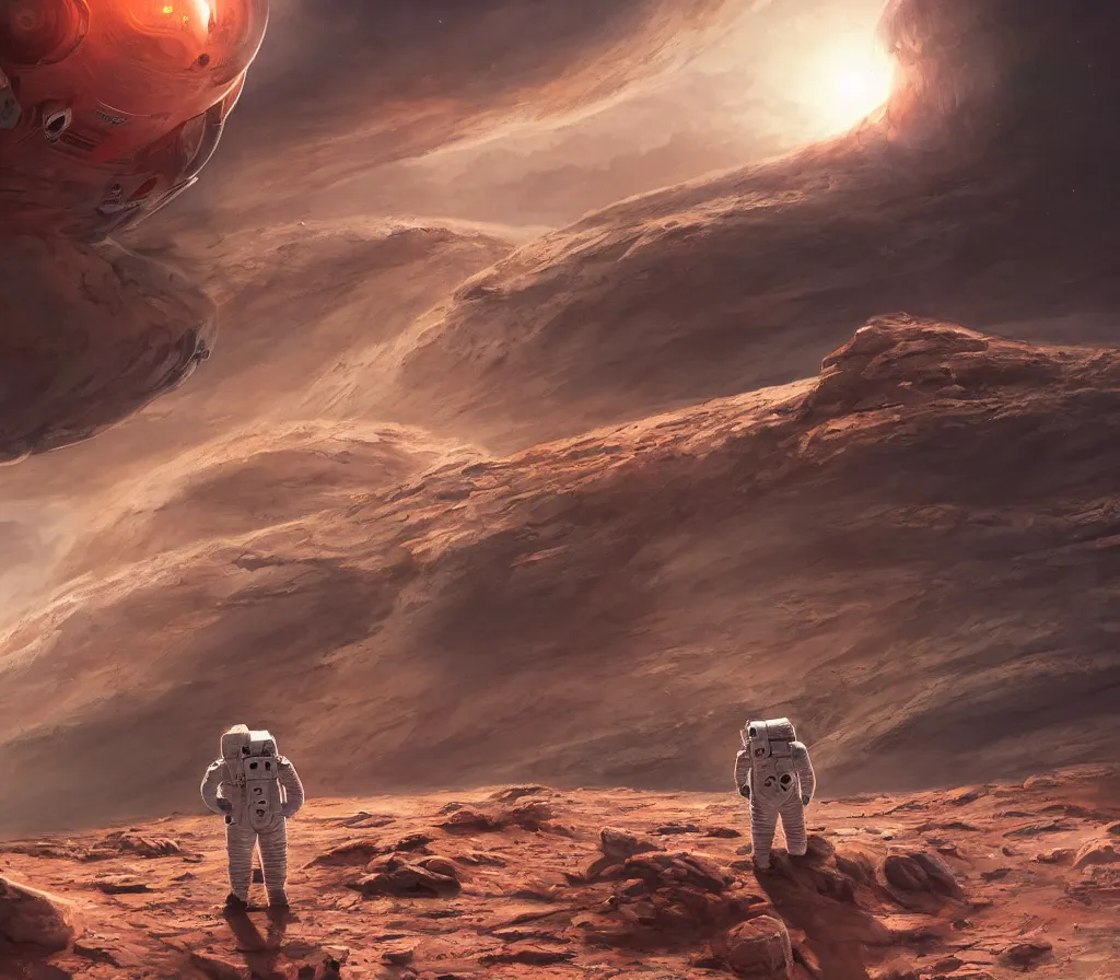 Prompt: Detailed photo of an astronaut seen from behind, he is standing on top of mount Venus on Mars, he is watching the Starship Super Heavy landing at the background, by Jordan Grimmer, digital art, trending on Artstation,