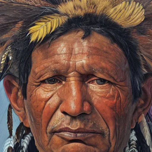 Image similar to high quality high detail painting by lucian freud, hd, portrait of a indigenous tribe leader with feathers, photorealistic lighting