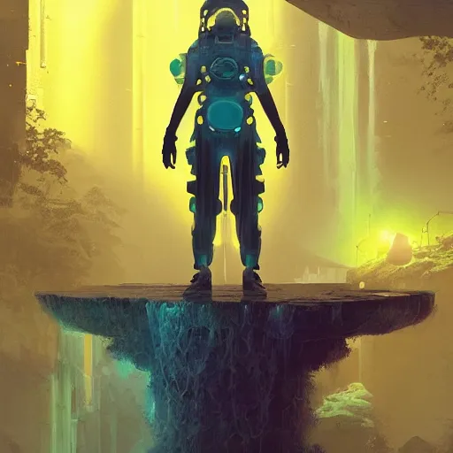 Image similar to a sage meditates under a waterfall pieces with glowing yelow visor as a realistic scifi cyberpunk, torso, art by james jean and greg rutkowski!!, real body proportions, digital art,, golden ratio, perfect composition, trending on artstation, 8 k