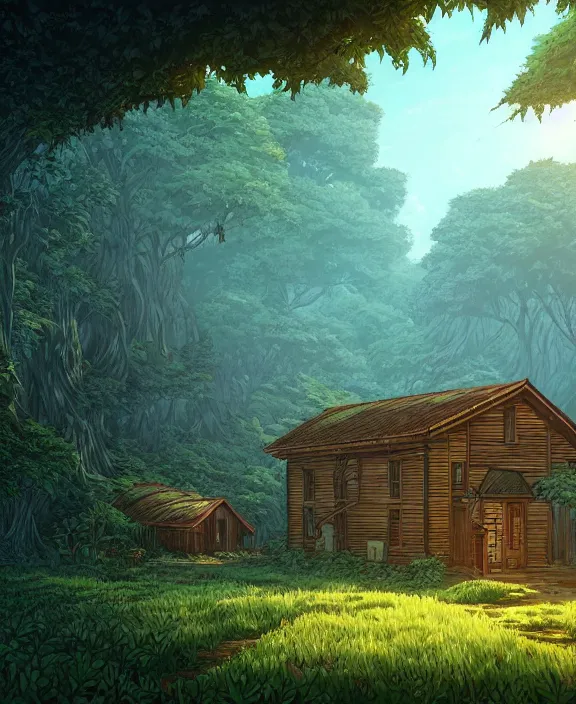 Image similar to a large, simple, schoolhouse made from exotic leaves, overgrown with huge exotic fungus, deep in the woods, sun drenched, partly cloudy, by dan mumford, yusuke murata, makoto shinkai, ross tran, cinematic, unreal engine, cel shaded, featured on artstation, pixiv