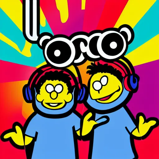 Image similar to svg sticker of a Pop-Wonder Bert&Ernie, Sesame-Street, at a rave, spinning records, giant headphones rocking out, wearing headphones, huge speakers, dancing, rave, DJ, spinning records, digital art, amazing composition, rule-of-thirds, award-winning, trending on artstation, featured on deviantart