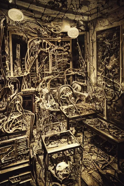 Prompt: inside a museum, a room where body parts are piece of arts at night biomechanical, filth and grim, wires and strings, very detailed, ultra realistic photography, grainy image