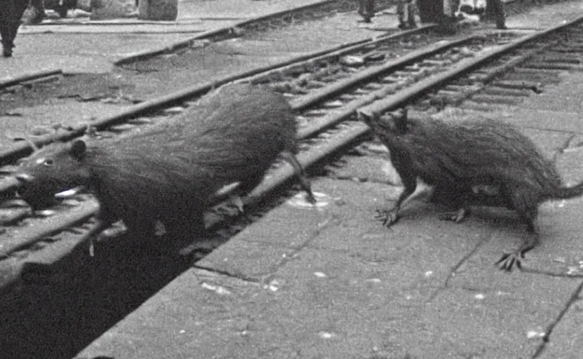 Prompt: old photo from 1 9 6 5. very large giant mutant zombie rat on railways in tonnel of moscow metro. extreme high detail. low dark light, scary atmosphere