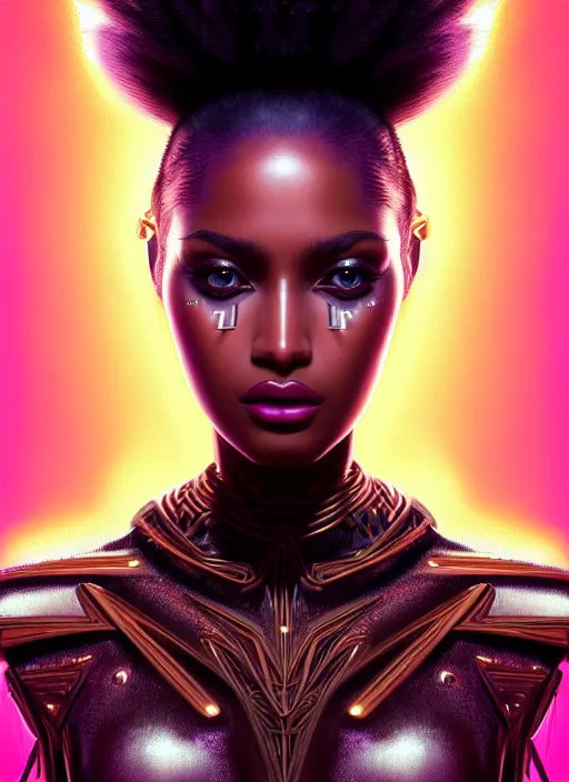 Image similar to portrait of synthwave warrior, intricate, brown skin, sharp focus, octane render, detailed, beautiful, unreal engine, symmetrical!!, loreal, maybelline, sephora, loreal, artstation, art by karol bak, art by artgerm, rossdraws, makeup by pat mcgrath, cinematic, concept art, filmic, vsco