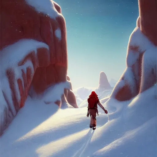 Prompt: explorer walking through a snow mountain, highly detailed oil painting, unreal 5 render, rhads, Bruce Pennington, tim hildebrandt, digital art, octane render, beautiful composition, trending on artstation, award-winning photograph, masterpiece