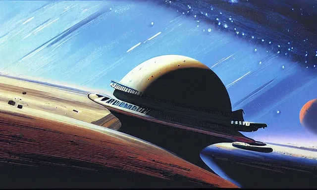 Image similar to digital painting of a spaceship in the orbit of mars by john berkey