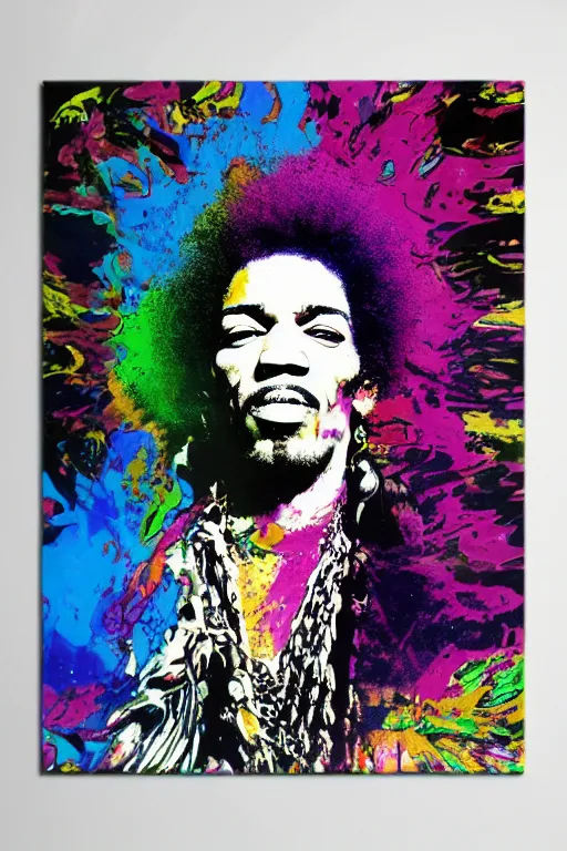 Prompt: Jimi Hendrix acrylic paint pour, marbling, graffiti, very detailed, large white border, 144x144 canvas, hd, high resolution print :1 CMYK :1