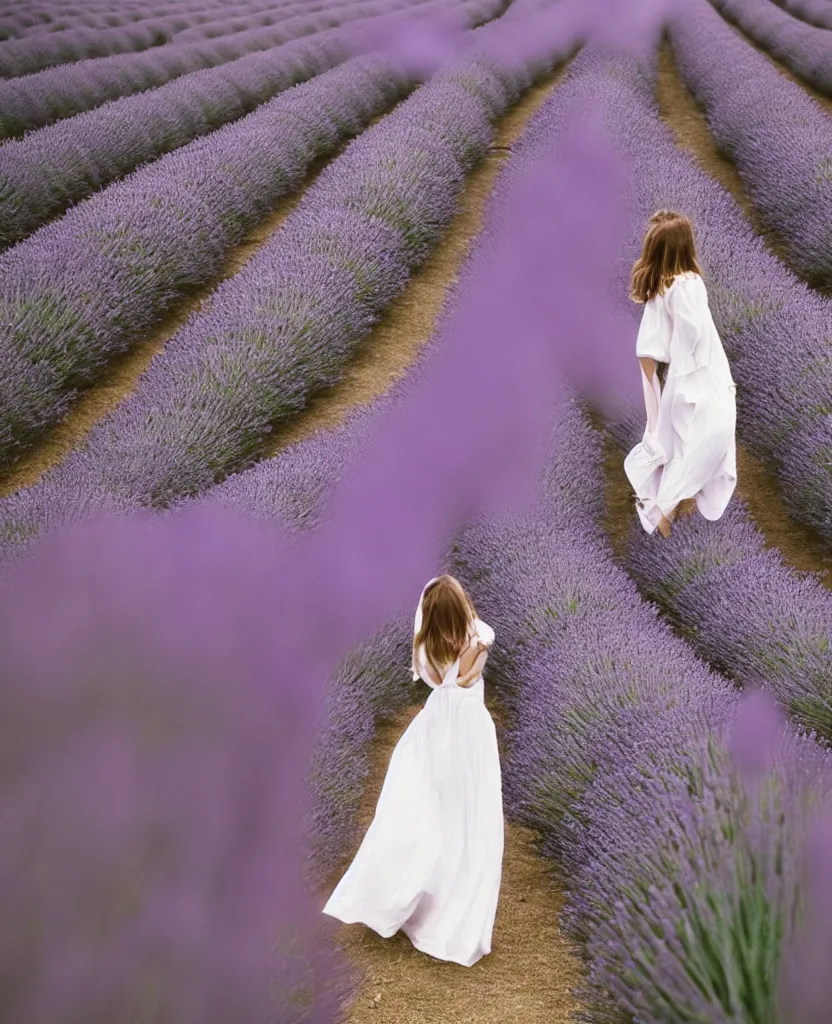 Prompt: A photo of a French woman, mid-20s, wearing a white flowing dress, in a lavender field in France, 85mm, 1.2, Kodak Portra, trending on Instagram