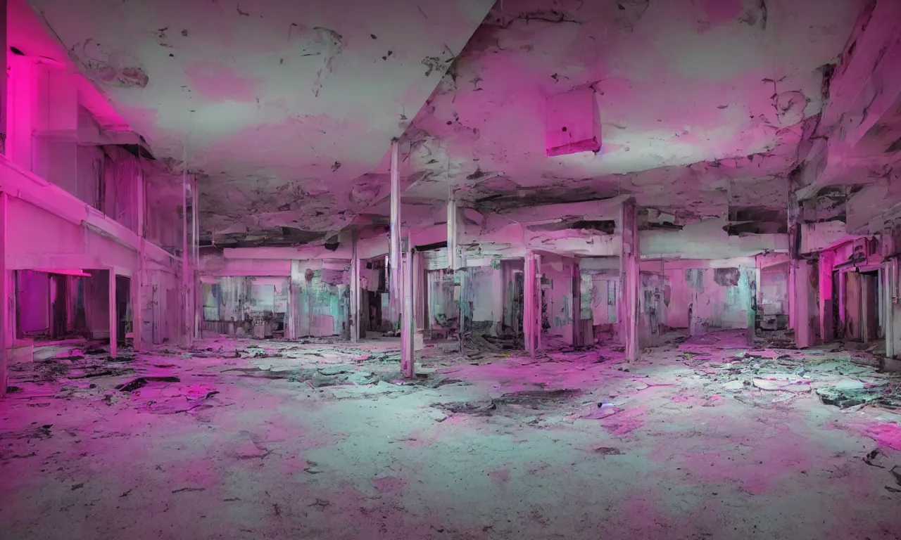 Image similar to backrooms abandoned mall, ominous neon pink and purple vaporwave lighting, moldy walls and shallow water, shadowy tall figures in the distance