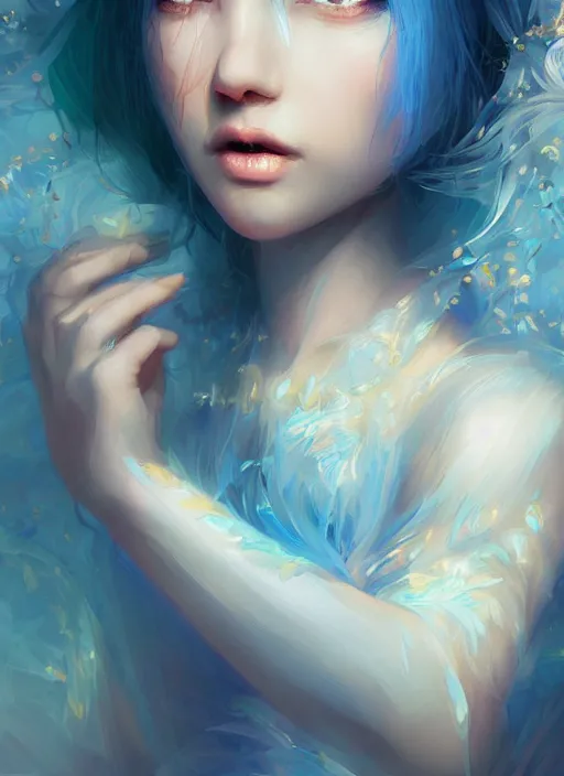 Prompt: a gorgeous flower princess portrait by WLOP, emerald yellow eyes, blue hair, digital painting, beautiful lighting, mystical , cgsociety, artstation