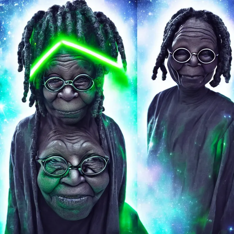 Prompt: whoopi goldberg yoda hybrid from star wars, high quality portrait photoshoot, bokeh, studio lighting, high fashion photoshoot, nebula space background, 8 k