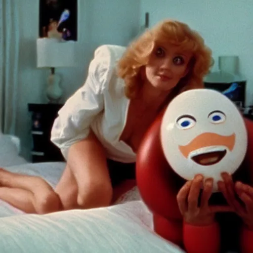 Prompt: still from a 1983 independent film about a desperate housewife wearing an inflatable toy as she meets a handsome younger man in a seedy motel room