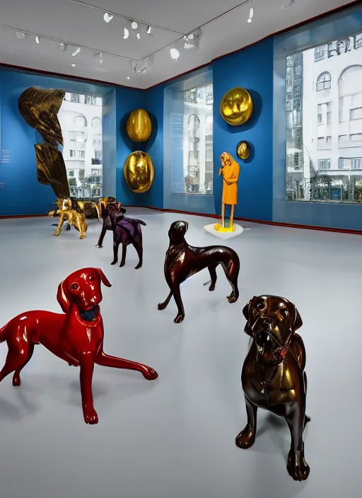 Image similar to a museum room with an sculpture of a velvet dogs made by koons