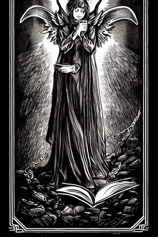 Prompt: dlsr photo of the tarot card illustration of an envoked dark angel holding a book of necronomicon, symmetrical, cinematic, sharp focus, 4 k, ultra hd, sense of awe, sinister demonic atmosphere, dreadful, forbidden knowledge, old gods. demonology journal cover