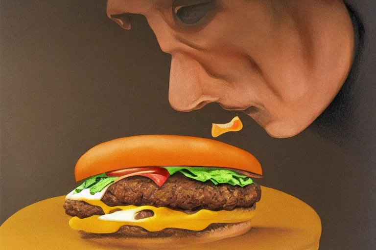 Image similar to death looking at a burger, surrealistic art, highly detailed, 4 k