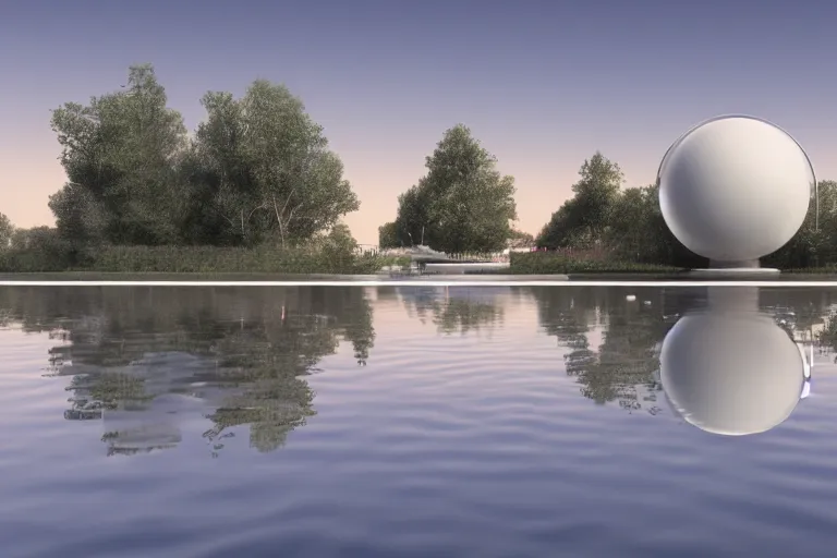 Image similar to many white round spherical buildings, it depends on each other to form a modern science fiction building ， by pierre bernard, on the calm lake, people's perspective, future, interior wood, dusk, unreal engine highly rendered, global illumination, radial light, internal environment