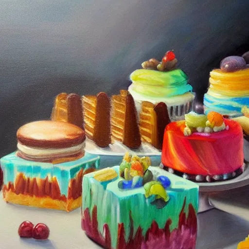 Image similar to concept art oil painting of fancy deserts, cakes, candies, and confections