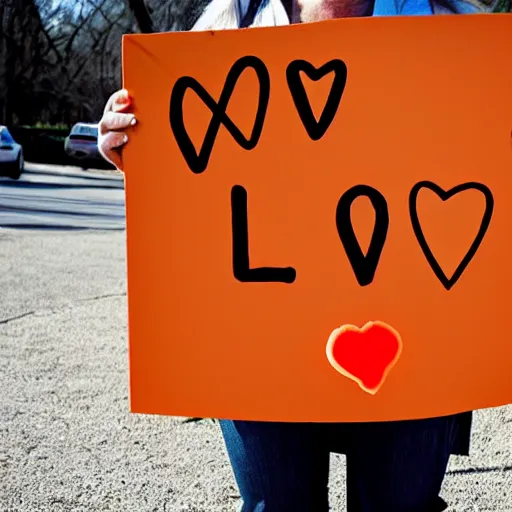 Prompt: orange tabby cat holds sign that says