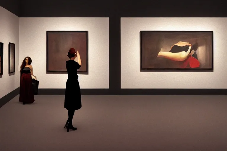 Image similar to a gorgeous woman with a black dress waiting inside a 9 0 s art gallery exhibition, colors americana, cinematic, volumetric lighting, ultra wide angle view, realistic, detailed painting in the style of edward hopper