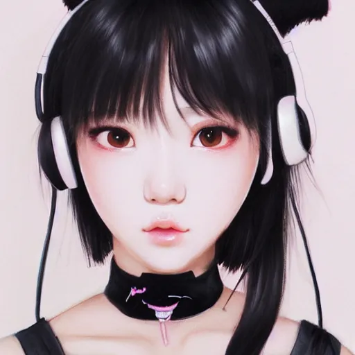 Image similar to realistic beautiful gorgeous natural cute Blackpink Lalisa Manoban black hair cute fur black cat ears, wearing white camisole, headphones, black leather choker artwork drawn full HD 4K highest quality in artstyle by professional artists WLOP, Taejune Kim, Guweiz on Pixiv Artstation