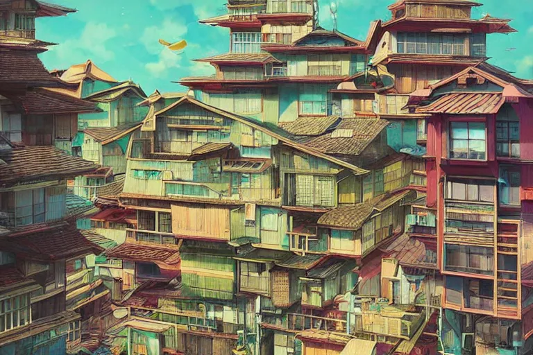 Image similar to surreal kyoto suburb, floating house in the sky, summer morning, very coherent and colorful high contrast, art by!!!! gediminas pranckevicius!!!!, geof darrow, dark shadows, hard lighting