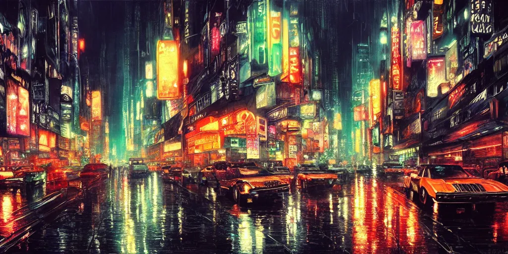 Prompt: blade runner city at night, a thousand lights, neon signs, rainy, detailed painting, 4 k, hd, realistic, digital painting, artstation, by, paul bonner, aarons slim