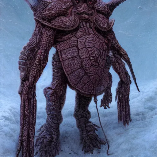 Image similar to anthropomorphic turtle humanoid, carapace, wayne barlowe, blizzard, winter, night, furs, fantasy