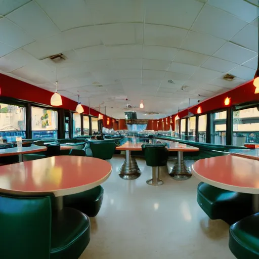 Prompt: 2 0 0 1 y 2 k diner, tables repeat endlessly 8 5 mm f / 1 1 interior photography two point perspective