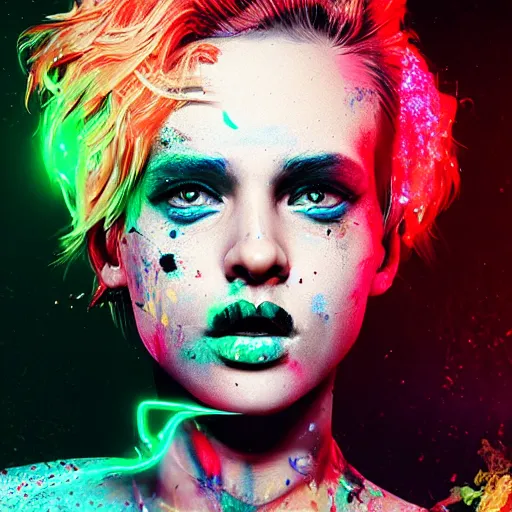 Prompt: portrait made out of exploding paint, punk rock women, short blond hair, octane render, highly detailed, realistic, beautiful, splashes of neon, comic book art