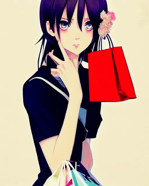 Image similar to cute girl wearing high heel with shopping bags. full - length | very very anime!!!, fine - face, audrey plaza, realistic shaded perfect face, fine details. anime. very strong realistic shaded lighting poster by ilya kuvshinov katsuhiro otomo ghost, magali villeneuve, artgerm, jeremy lipkin and michael garmash and rob rey