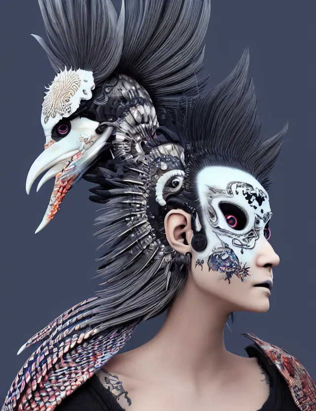 Image similar to 3 d goddess close - up profile portrait punk with mohawk with ram skull. beautiful intricately detailed japanese crow kitsune mask and clasical japanese kimono. betta fish, jellyfish phoenix, bio luminescent, plasma, ice, water, wind, creature, artwork by tooth wu and wlop and beeple and greg rutkowski