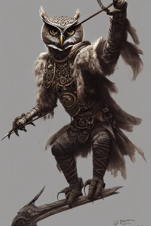 Prompt: a anthropomorphic owl warrior, diffuse lighting, fantasy, intricate, elegant, highly detailed, lifelike, photorealistic, digital painting, artstation, illustration, concept art, smooth, sharp focus, naturalism, trending on byron's - muse, by greg rutkowski and greg staples