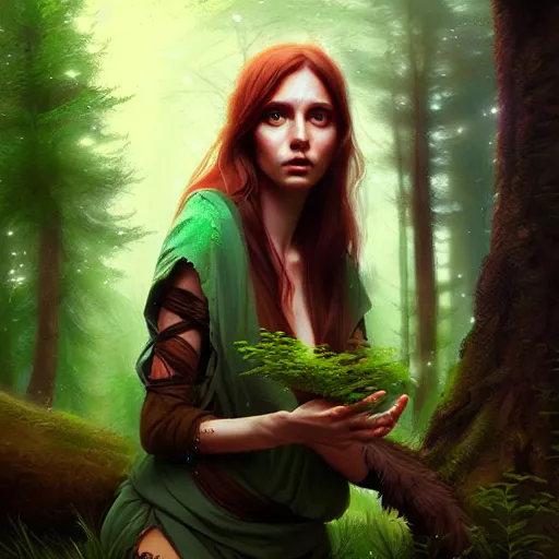 Image similar to a pretty female druid surrounded by forest animals, in the woods, hyper realistic, digital painting, photorealistic, in the style of greg rutkowski, detailed face